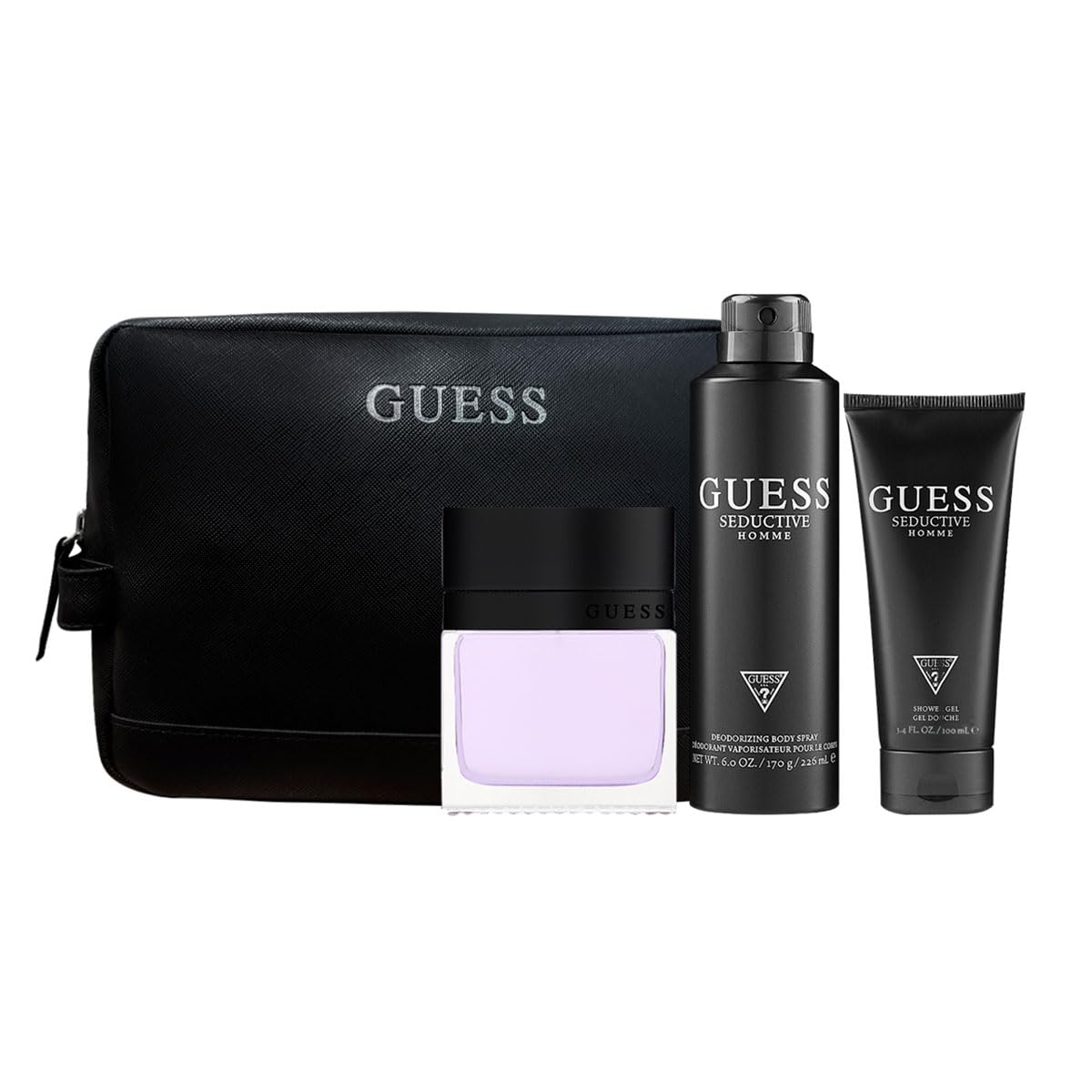 Guess Seductive Homme 3.4oz EDT Spray, 6.0oz Deodorant Body Spray, 3.4oz Shower Gel, Pouch Men 4 Pc Gift Set