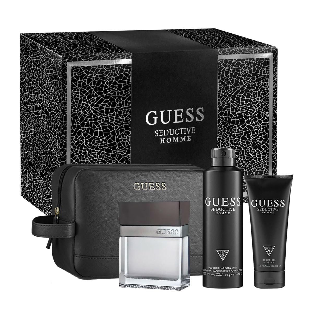 Guess Seductive Homme 3.4oz EDT Spray, 6.0oz Deodorant Body Spray, 3.4oz Shower Gel, Pouch Men 4 Pc Gift Set