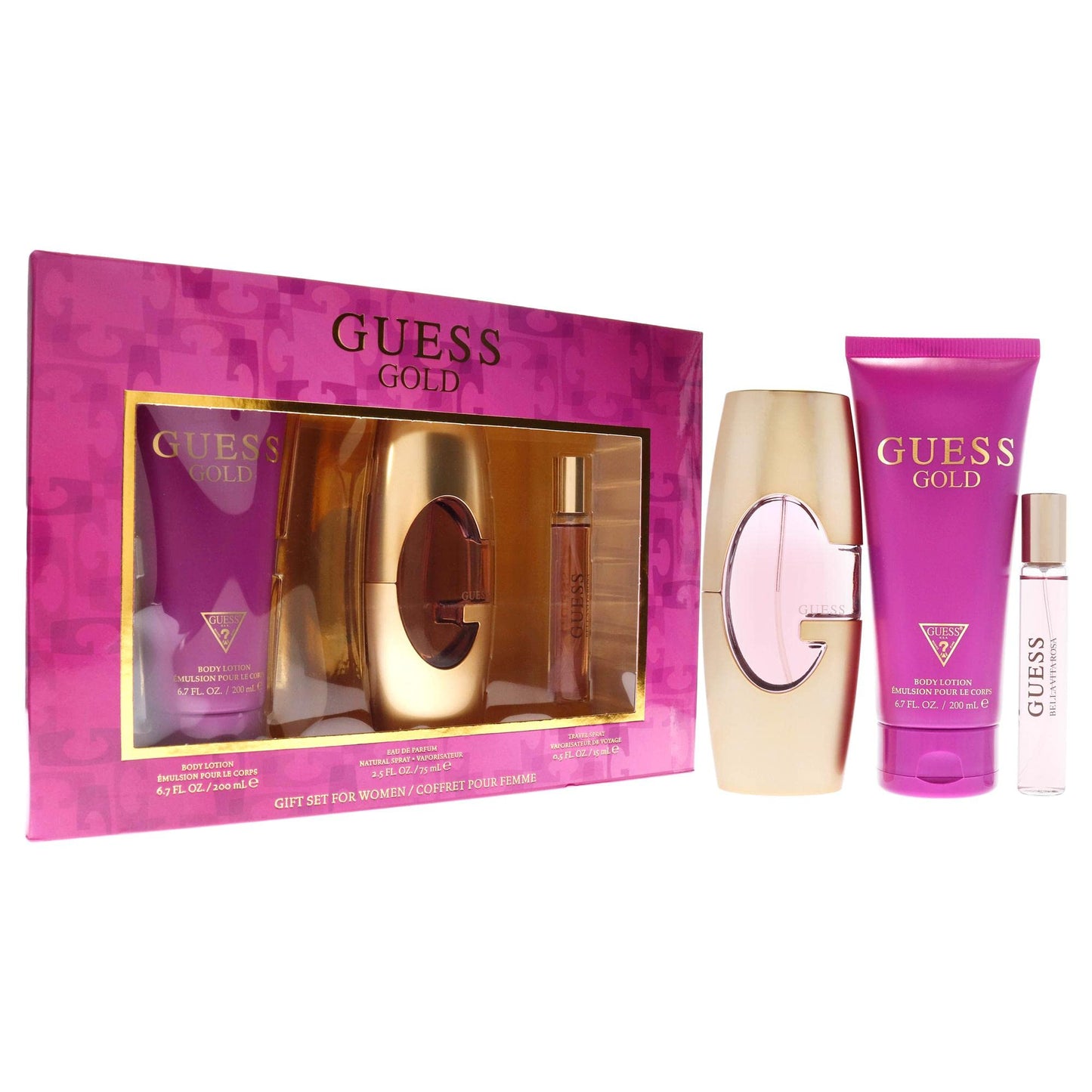 Guess Guess Gold Women 3 Pc Gift Set 2.5oz EDP Spray, 0.5oz Travel Spray, 6.7oz Body Lotion